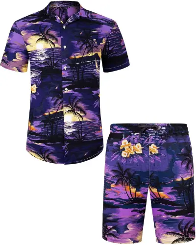 Men Leisure Holiday Floral Flamingo Print Plus Size Short Sleeve Lapel Shirt Shorts Sets