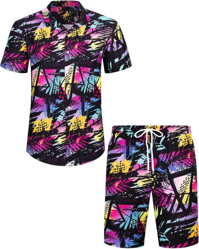 Men Leisure Holiday Floral Flamingo Print Plus Size Short Sleeve Lapel Shirt Shorts Sets
