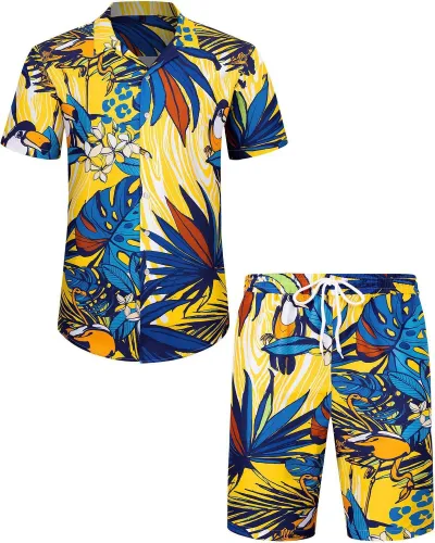 Men Leisure Holiday Floral Flamingo Print Plus Size Short Sleeve Lapel Shirt Shorts Sets