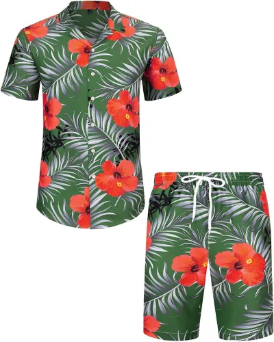Men Leisure Holiday Floral Flamingo Print Plus Size Short Sleeve Lapel Shirt Shorts Sets