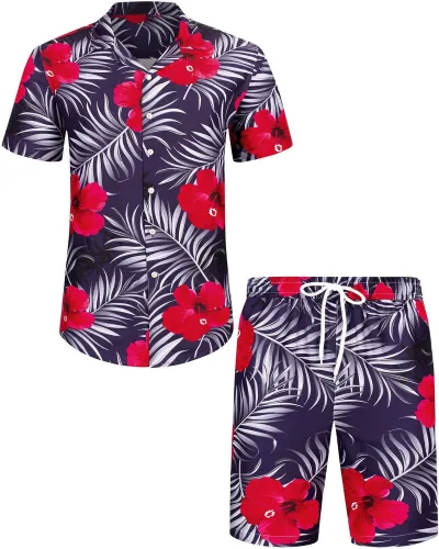 Men Leisure Holiday Floral Flamingo Print Plus Size Short Sleeve Lapel Shirt Shorts Sets