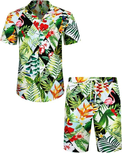 Men Leisure Holiday Floral Flamingo Print Plus Size Short Sleeve Lapel Shirt Shorts Sets