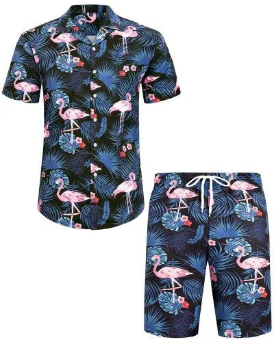Men Leisure Holiday Floral Flamingo Print Plus Size Short Sleeve Lapel Shirt Shorts Sets
