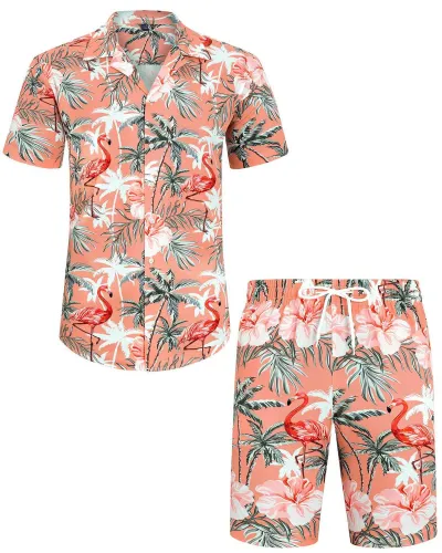 Men Leisure Holiday Floral Flamingo Print Plus Size Short Sleeve Lapel Shirt Shorts Sets