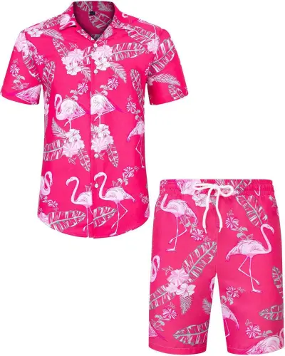 Men Leisure Holiday Floral Flamingo Print Plus Size Short Sleeve Lapel Shirt Shorts Sets