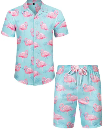 Men Leisure Holiday Floral Flamingo Print Plus Size Short Sleeve Lapel Shirt Shorts Sets