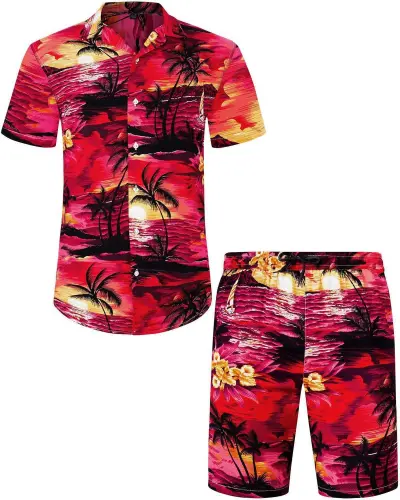 Men Leisure Holiday Floral Flamingo Print Plus Size Short Sleeve Lapel Shirt Shorts Sets