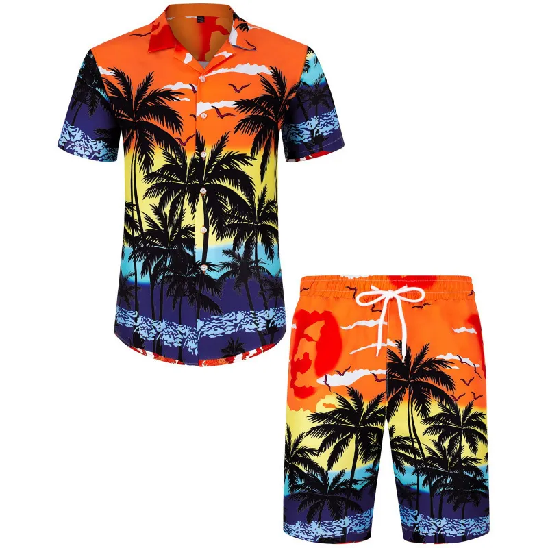 Men Leisure Holiday Floral Flamingo Print Plus Size Short Sleeve Lapel Shirt Shorts Sets