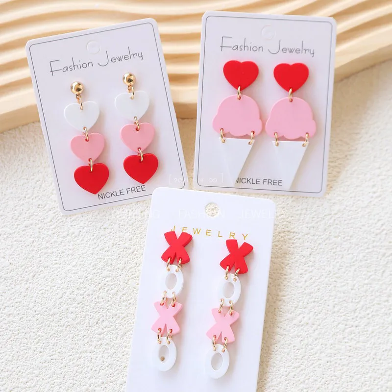 Valentine's Day Women Fashion Acrylic Paint Contrast Color Heart Earrings