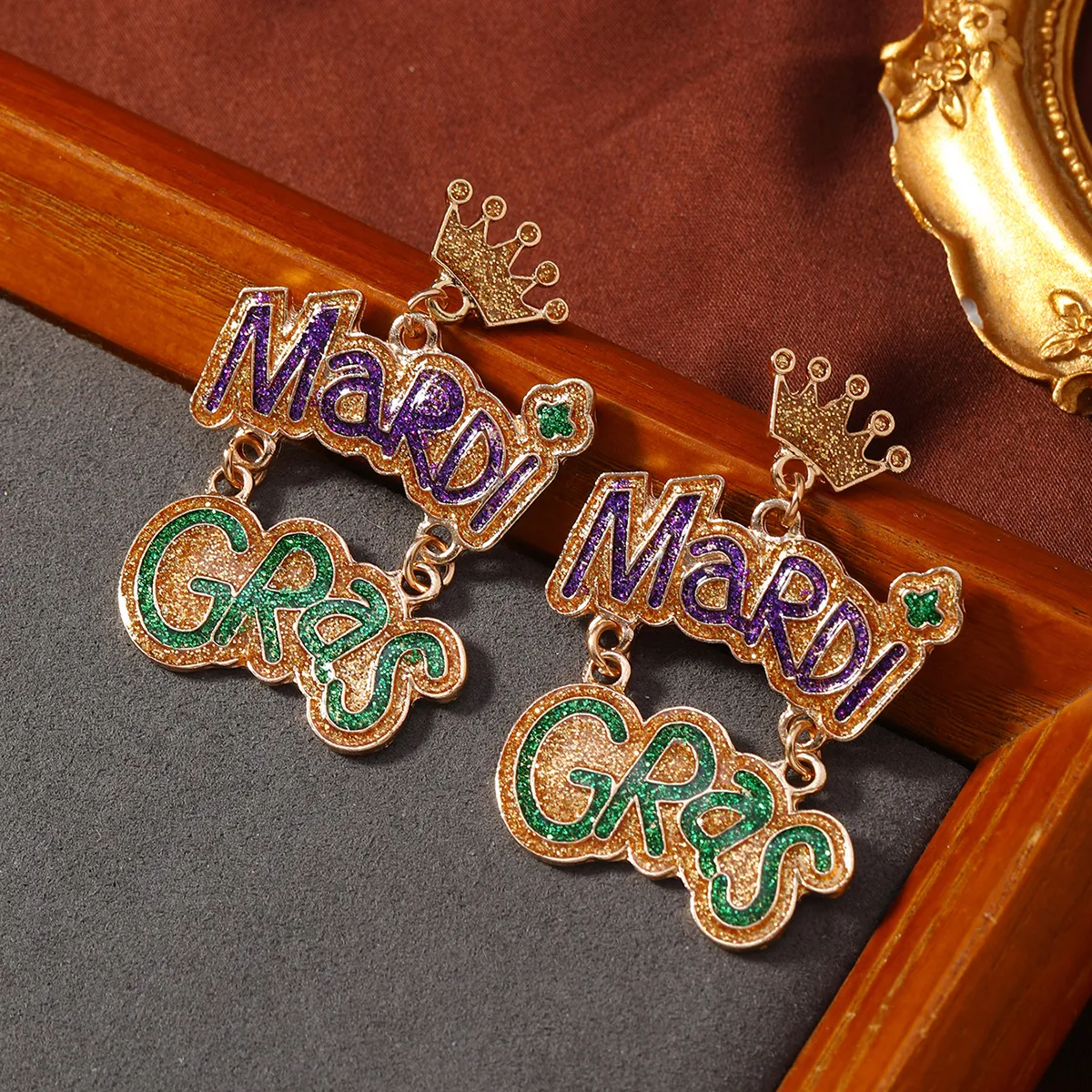 Mardi Gras Multicolor Crown Letter Pendant Earrings Festival Party