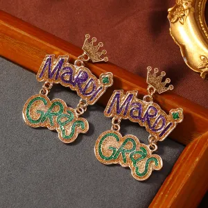 Mardi Gras Multicolor Crown Letter Pendant Earrings Festival Party