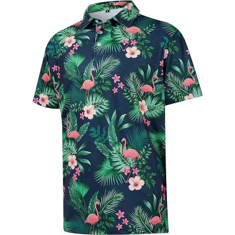 Men's Holiday Flamingo Floral Print Plus Size Short Sleeve Lapel Shirt