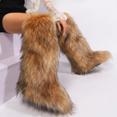 Winter Women Flat Heel Faux Fox Fur Snow Boots High-Top Round Toe