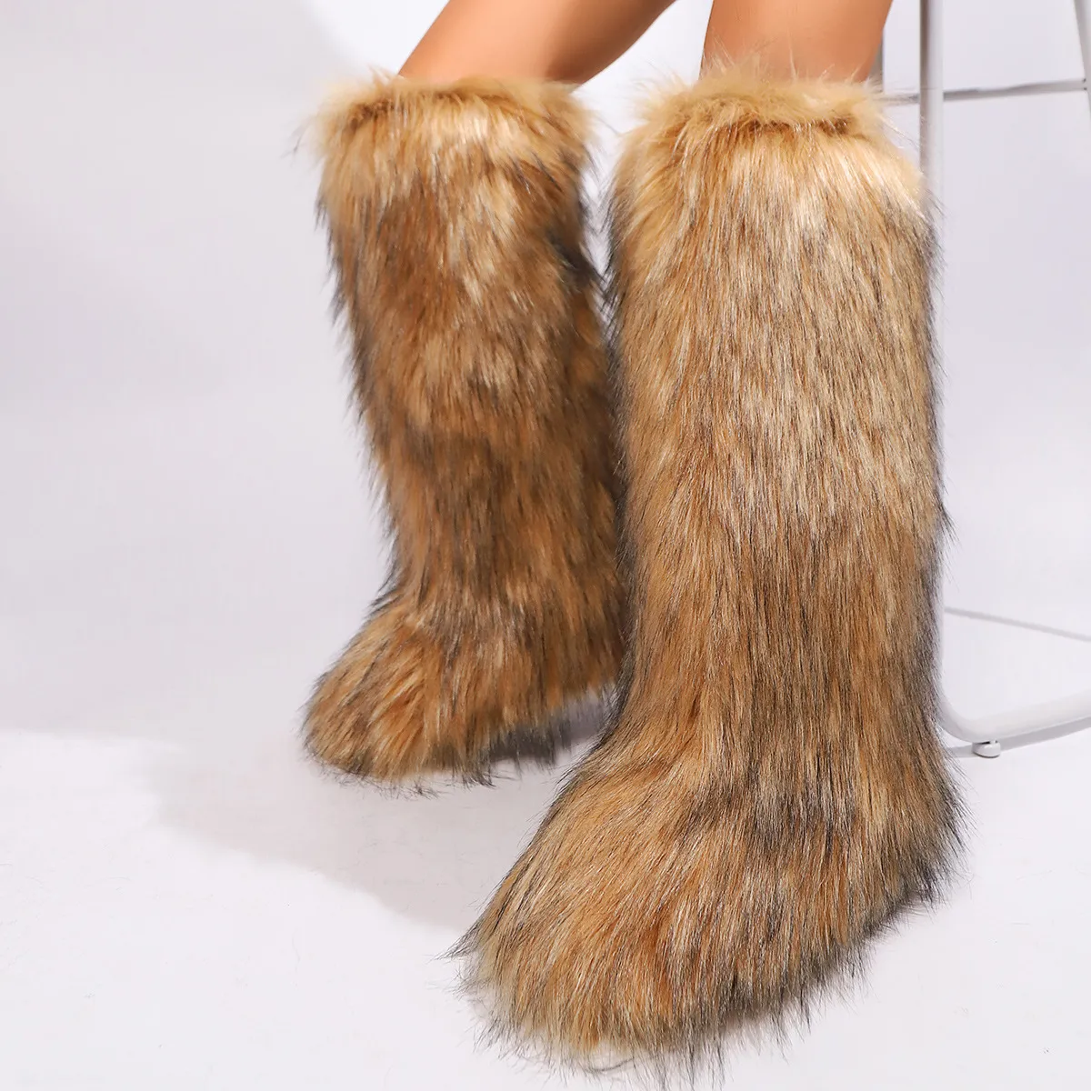 Winter Women Flat Heel Faux Fox Fur Snow Boots High-Top Round Toe