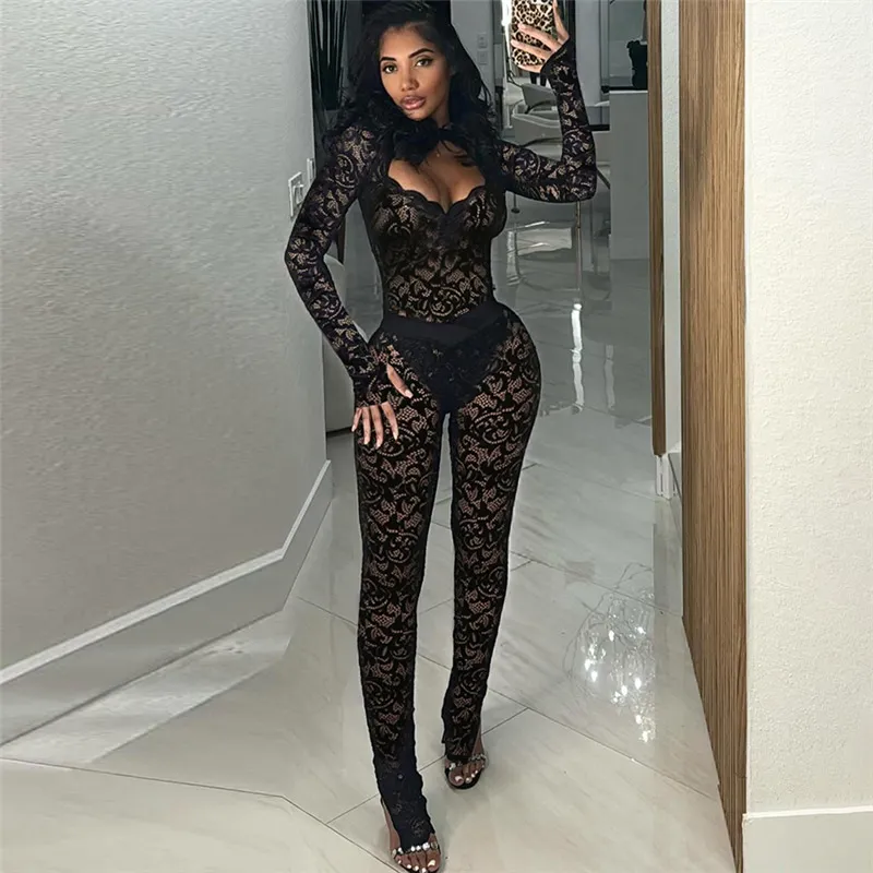 Women Sexy Lace Hollow Long-Sleeve Bodysuit Tight Pants Two-Piece Set