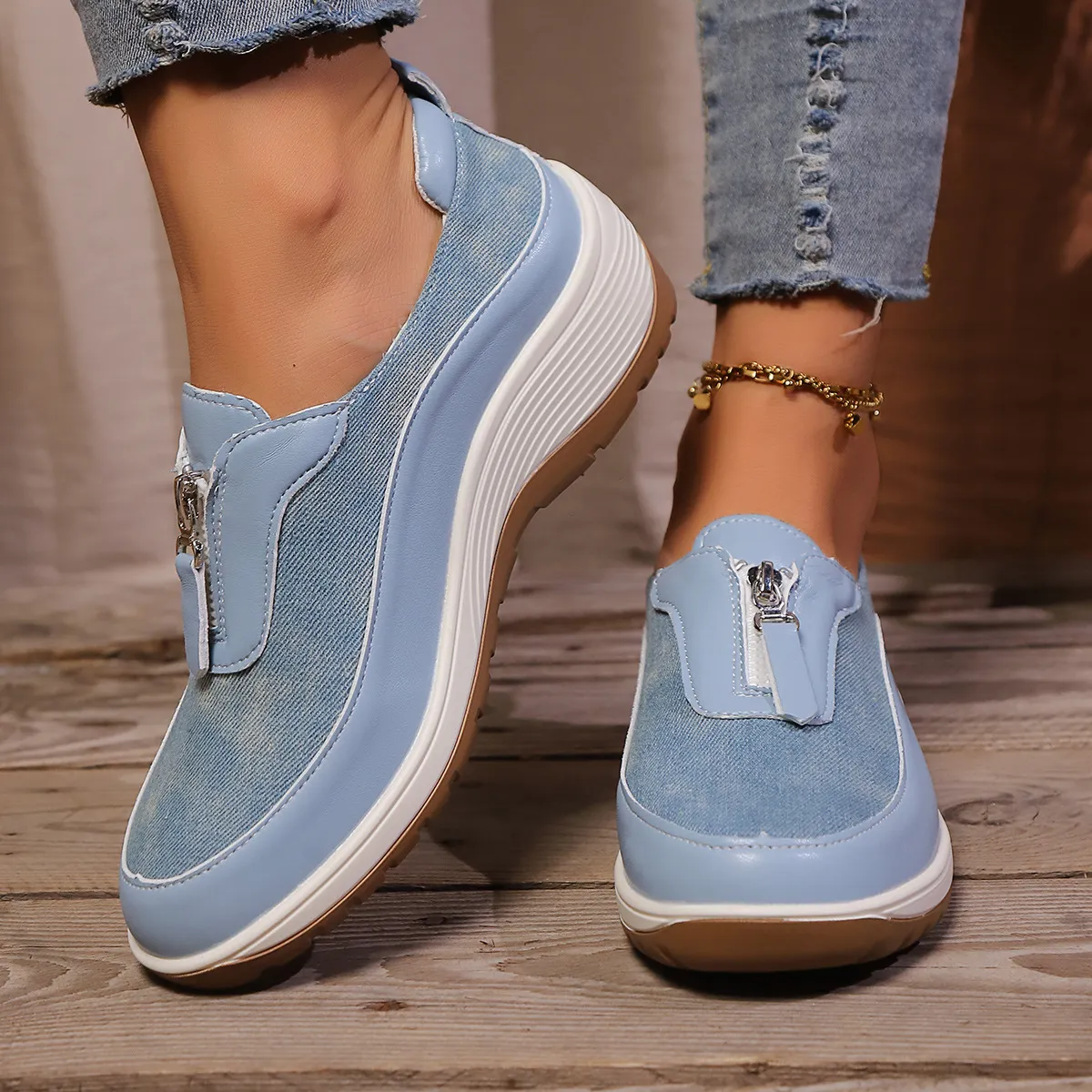 Women Casual Leopard Round-Toe Wedge Slip-On Sneakers Plus Size