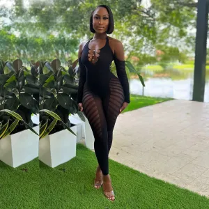 Women Sexy Halter-Neck Long-Sleeve Hollow-Out Backless Jumpsuit