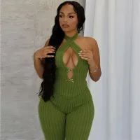 S-L Women Fashion Solid Color V Neck Long Sleeve Jumpsuit