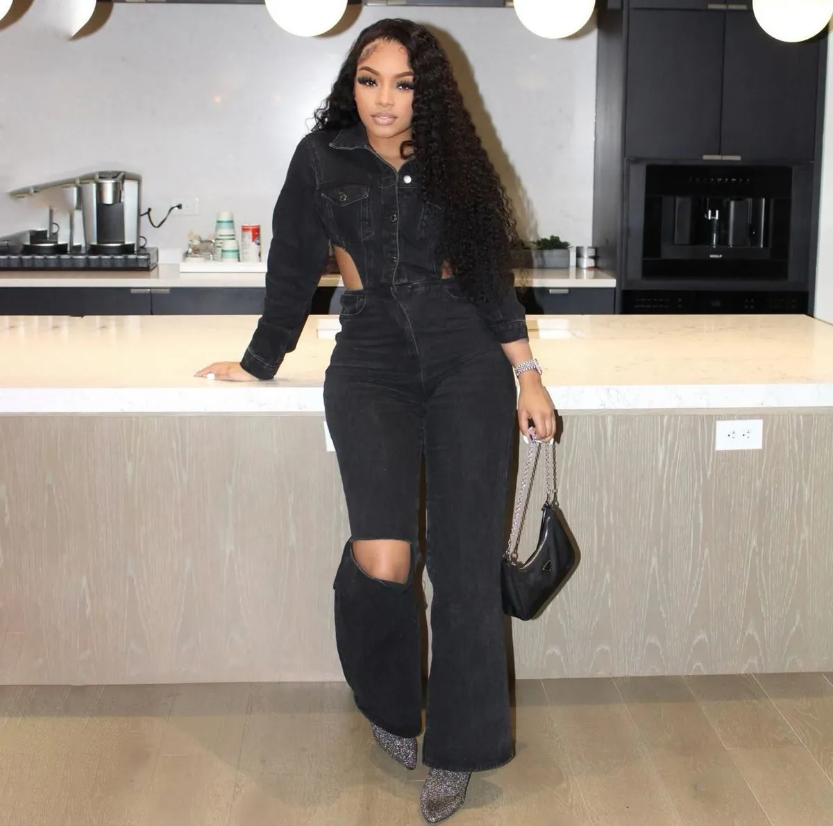 Women Casual Lapel Hollow-Out Denim Jumpsuit Retro Style