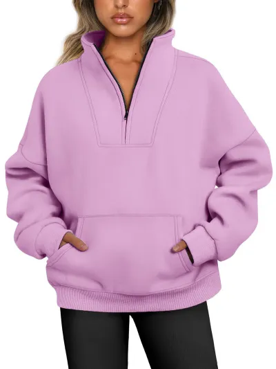 Women Casual Loose Solid Color Pocket Zipper Pullover Sweatshirt