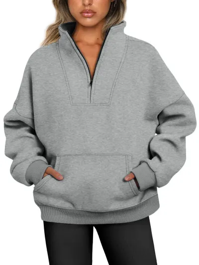 Women Casual Loose Solid Color Pocket Zipper Pullover Sweatshirt