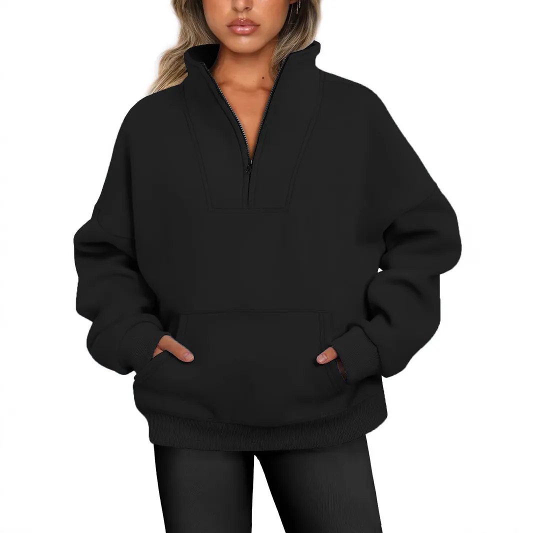 Women Casual Loose Solid Color Pocket Zipper Pullover Sweatshirt
