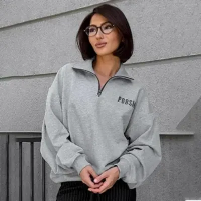 Women Casual Letter Printed Lapel Zipper Pullover Sweatshirt