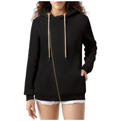 Women Casual Solid Color Zipper Hoodies with Pockets