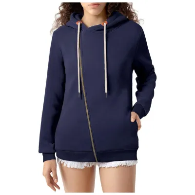 Women Casual Solid Color Zipper Hoodies with Pockets