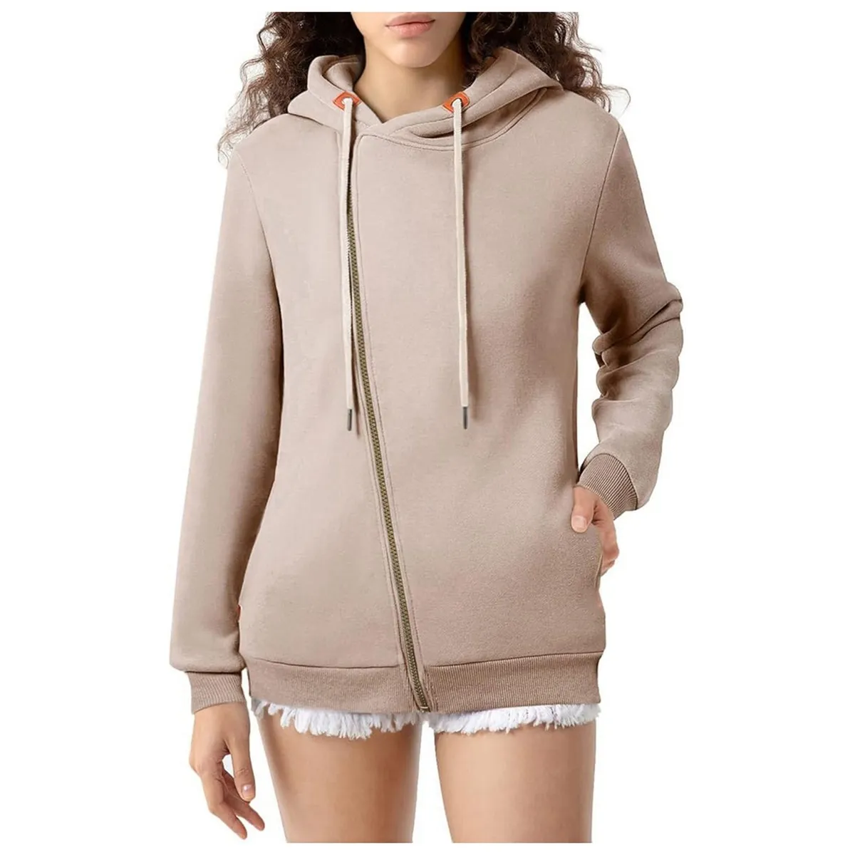 Women Casual Solid Color Zipper Hoodies with Pockets