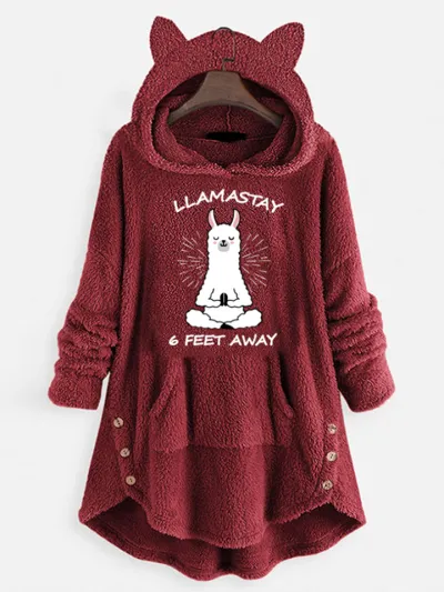 Women Casual Printed Plush Pullover Cat Ear Long Sleeve Hoodies