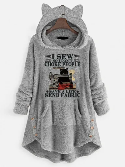 Women Casual Printed Plush Pullover Cat Ear Long Sleeve Hoodies