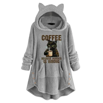 Women Casual Printed Plush Pullover Cat Ear Long Sleeve Hoodies
