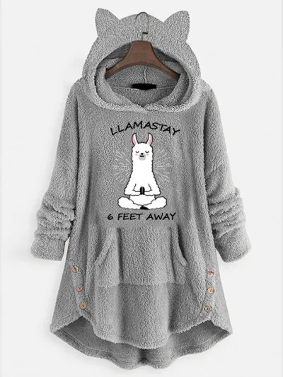 Women Casual Printed Plush Pullover Cat Ear Long Sleeve Hoodies