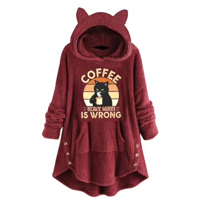 Women Casual Printed Plush Pullover Cat Ear Long Sleeve Hoodies