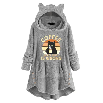 Women Casual Printed Plush Pullover Cat Ear Long Sleeve Hoodies