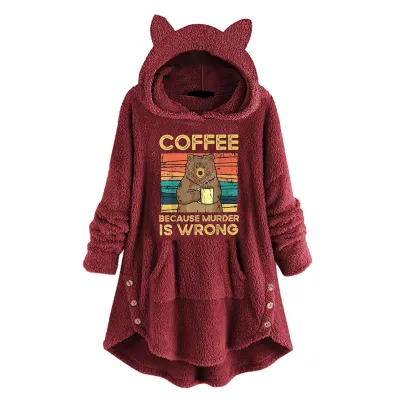 Women Casual Printed Plush Pullover Cat Ear Long Sleeve Hoodies