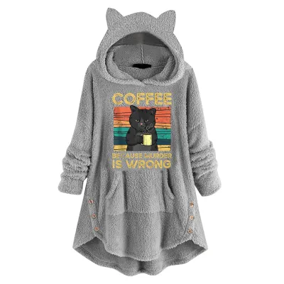Women Casual Printed Plush Pullover Cat Ear Long Sleeve Hoodies