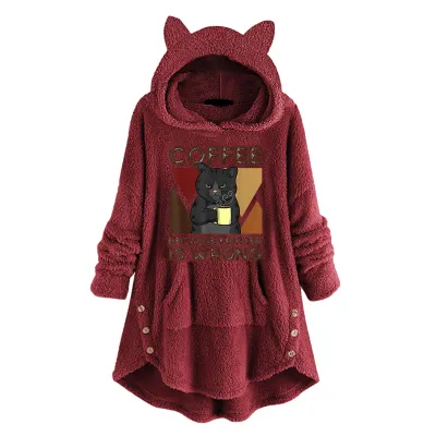 Women Casual Printed Plush Pullover Cat Ear Long Sleeve Hoodies