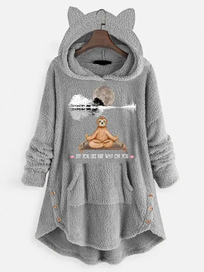 Women Casual Printed Plush Pullover Cat Ear Long Sleeve Hoodies