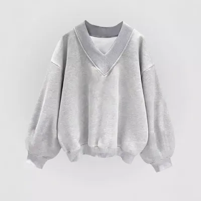 Women Casual Loose V-Neck Sweatshirt with Lantern Sleeves
