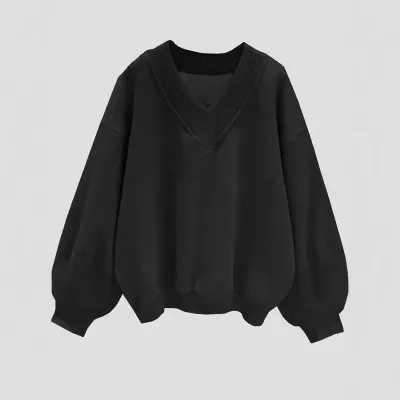Women Casual Loose V-Neck Sweatshirt with Lantern Sleeves