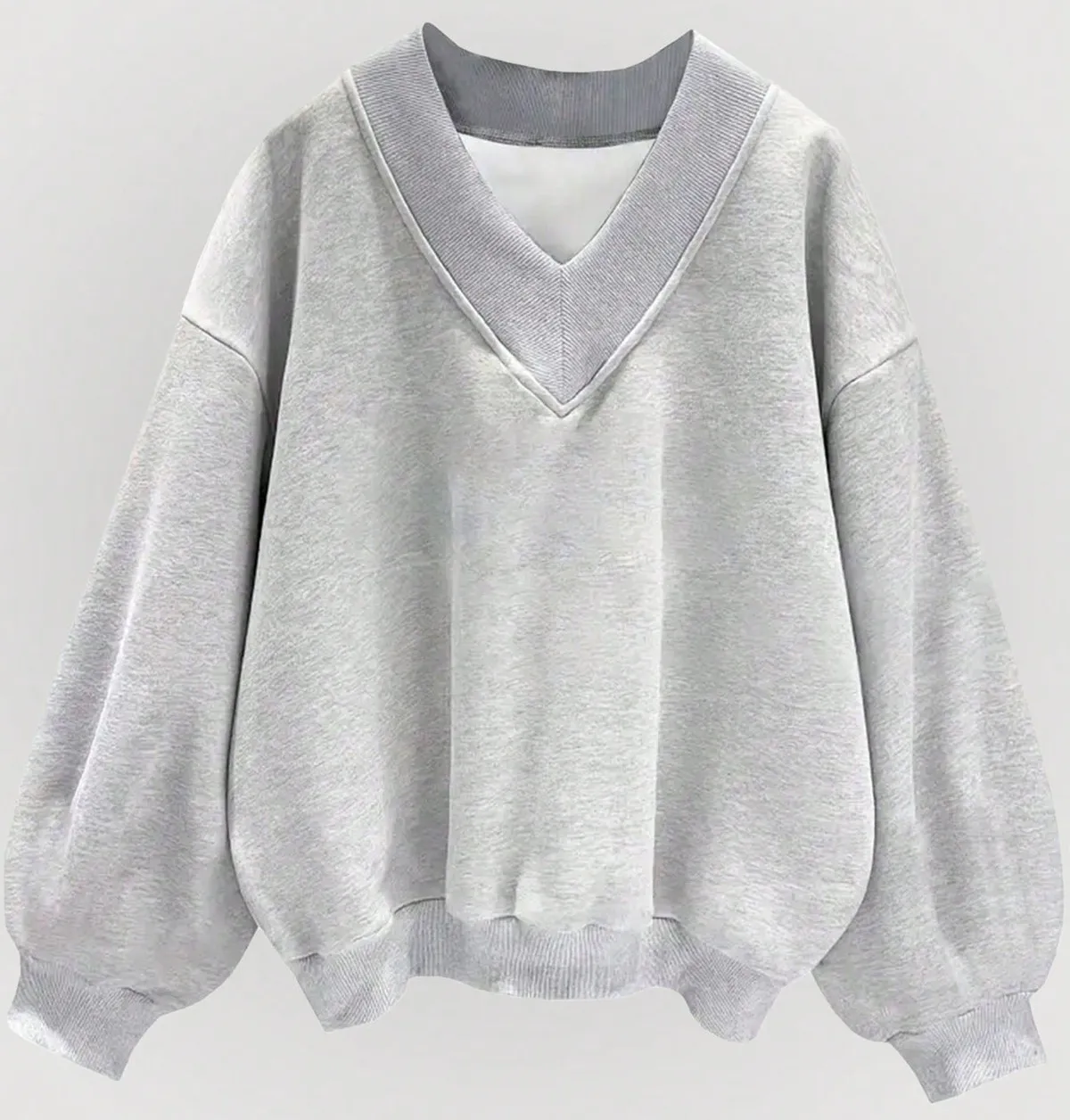 Women Casual Loose V-Neck Sweatshirt with Lantern Sleeves