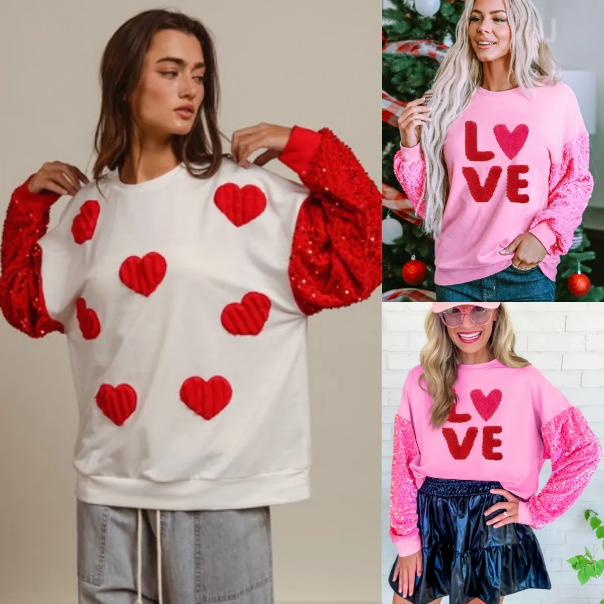 Women Valentine's Day Sequin Pullover Sweatshirt Round Neck Long Sleeve