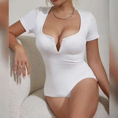 Women Fashion Sexy Tight Deep V-Neck Short Sleeve Bodysuit