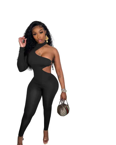 Women Fashion Sexy Tight Single-Sleeve Lace-Up Irregular Jumpsuit