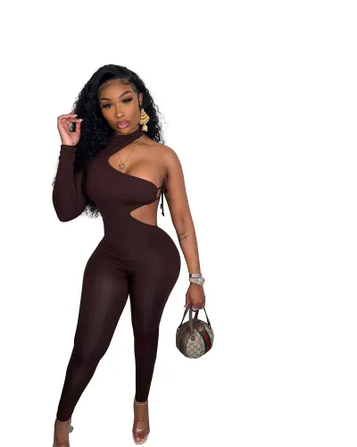 Women Fashion Sexy Tight Single-Sleeve Lace-Up Irregular Jumpsuit