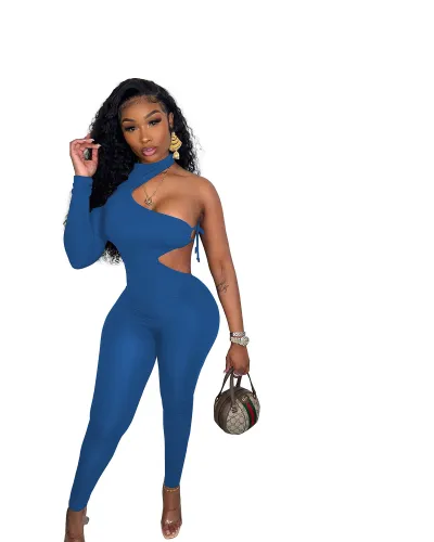 Women Fashion Sexy Tight Single-Sleeve Lace-Up Irregular Jumpsuit