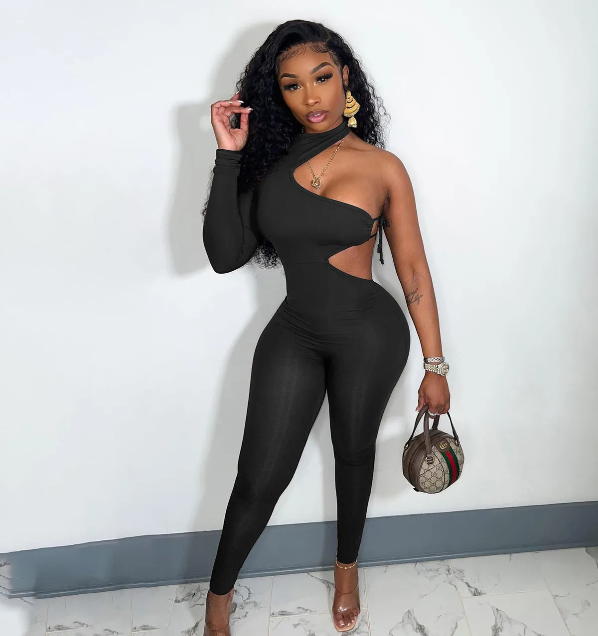Women Fashion Sexy Tight Single-Sleeve Lace-Up Irregular Jumpsuit