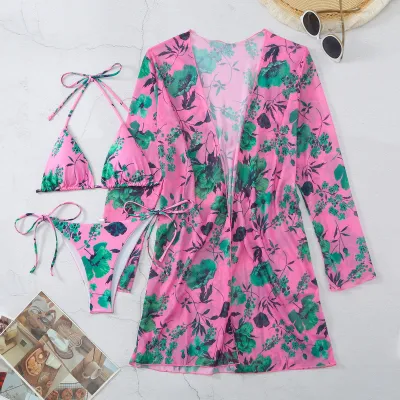 Women Floral Printed Mesh Bikini Swimsuit Three-Piece Set